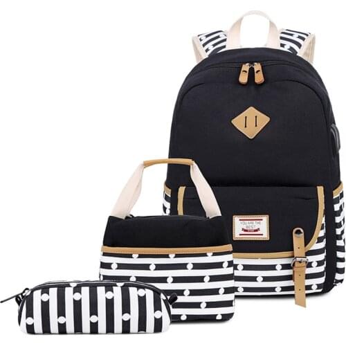 3Pcs/Set Backpack for Women School Bags Teen Girls Stripe Laptop Rucksack Elementary School Backpacks with Lunch bag Mochilas