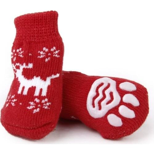 4pcs Christmas Reindeer Style Dog Puppy Cat Non-Slip Socks with Paw Prints - Size S (Red)