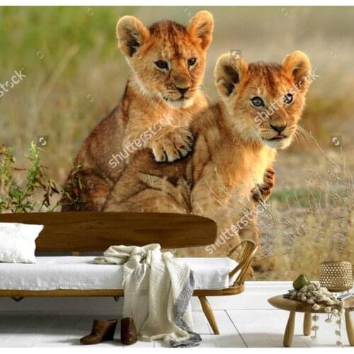 Childrens wallpaper,lion cubs cuddling,3D photo mural for living room bedroom restaurant background wall waterproof wallpaper