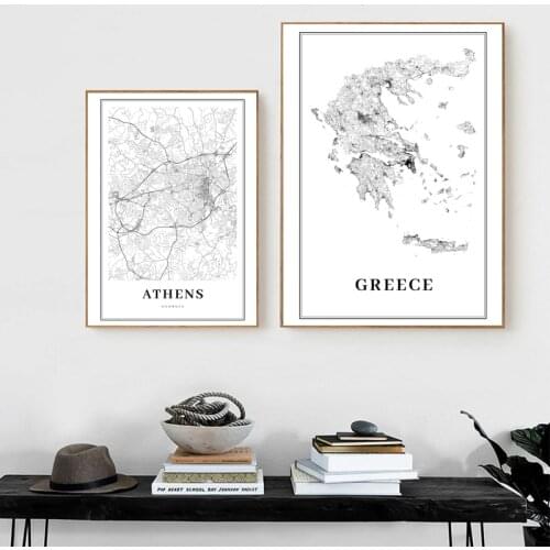 Greece Road Map Poster Black and White Prints , Athens City Map Canvas Painting Travel Posters Wall Art Pictures Office Decor