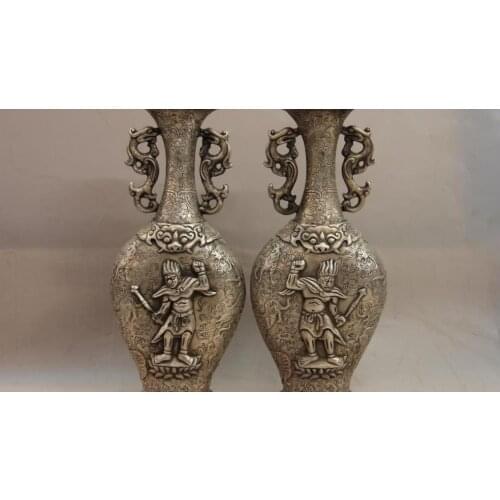China White Copper Silver Dragon Wild animal Tiger Warrior Pot Bottle Vase Pair