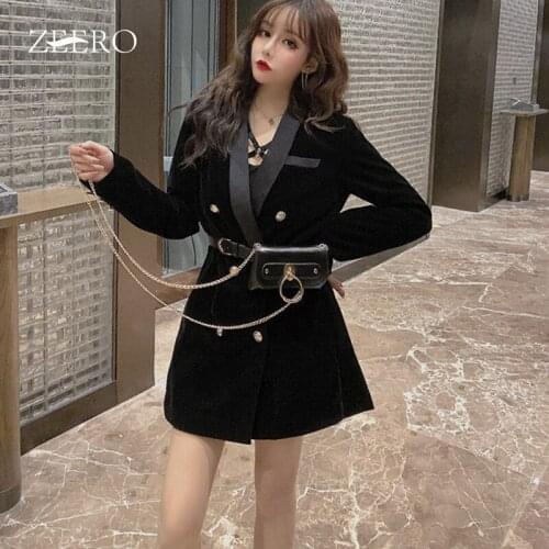 Korean Female Elegant Black Velvet Jacke A-Line Dress Stitching Collar Blazer Winter Women Double Breasted Dresses + Belt Bag
