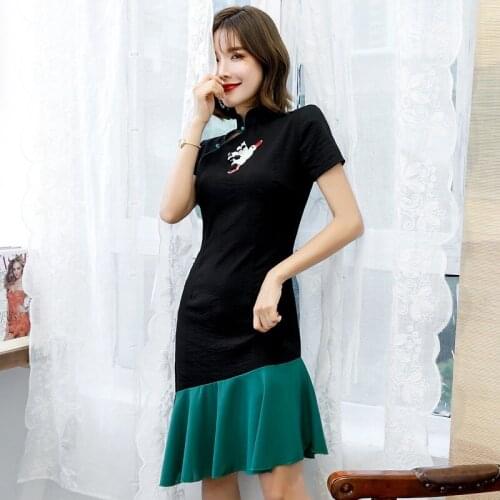 Summer Sexy Hollow Out Slim Qipao Women Exquisite Appliques Trim Short Cheongsam Novelty Chinese Mermaid Dress Oriental Dresses