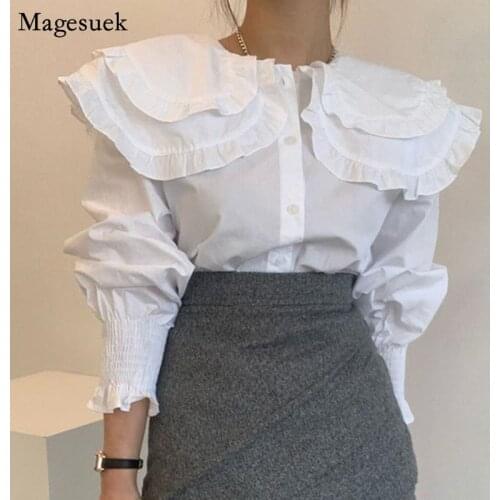 Korean Sweet Turn-down Collar Ruffles Woman Blouses White Puff Long Sleeve Womans Shirts Casual Loose Ladies Tops Blusas 13655