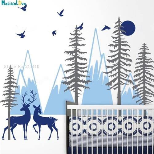 Mountain Birch Tree Wall Sticker Woodland Animals Art Three Colors Vinyl Decal Custom Decor Nursery Kids Baby Art Murals MB054