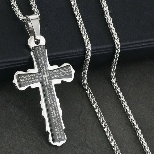 Stainless Steel Chain Necklaces Mens Metal Jewelry Boys Gifts Holy Spanish Bible Cross Pendants Necklaces colar NC137