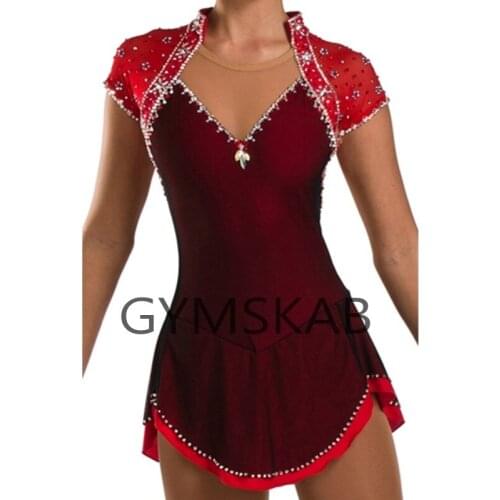 Figure Skating Dress Womens Girls Customized Ice Skating Dress Red Short-sleeved Gymnastics Costume 8810