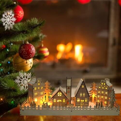 Christmas Wooden Village House Scene LED Lighted Luminous Xmas Tree Reindeer DIY Blank Ornament Holiday Desktop Decor