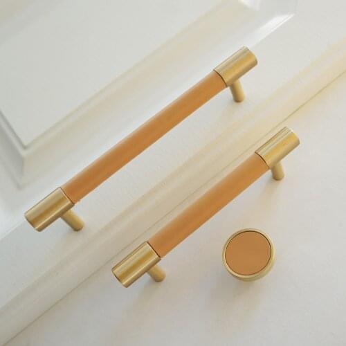 3.75" 5" Orange Leather Copper Door Knobs Kitchen Cabinet Handles Cupboard Drawer Round Pull Knob 96 128mm Hardware Modern