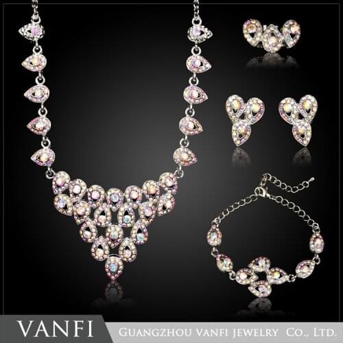 Silver Color Simulated Rhinestone Jewelry Set for Women Crystal Flower Necklace Earring Set parure bijoux Sets