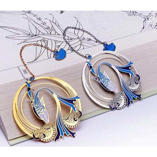 1pcs Chinese Style Retro Koi Bookmark Pendant Color Brass Hollow Book Mark Book Pagination Mark Stationery Supplies Office Gift