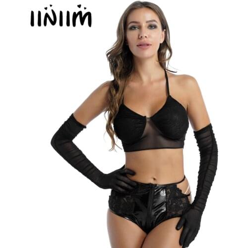Women Exotic Tank Tops See-through Mesh Crop Top Fashion Summer Halter Lace-up Vest V Neck Backless Camisole with Ruched Gloves