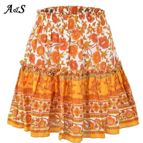 Anbenser Summer Floral Print Boho Sexy Mini Skirt Women Fashion High Waist Frills Short Skirt For Women Plus Size Pleated Skirts