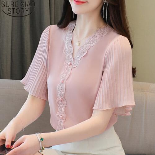 Chiffon Shirt with Lace Tops S-3XL Elegant Summer Blouses Women Flare Sleeve 2021 New V-neck White Casual 3XL Plus Size 14176