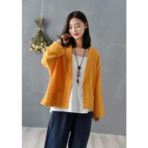 Women Blouses Linen Tops Retro Kimono Cardigan Coat Breathable Cotton Casual Long Sleeves Mori Girl Plus Size Women Tops Kimono
