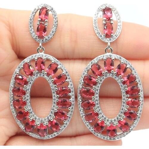 55x26mm Big European Design Created 13g Pink Raspberry Rhodolite Garnet Cubic Zircon For Womans Bride Wedding Silver Earrings
