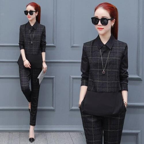 Spring Two Piece Set 2018 Spring New Style Women Fashion Set Women Tide Temperament Plaid Trousers + Long Sleeve Set