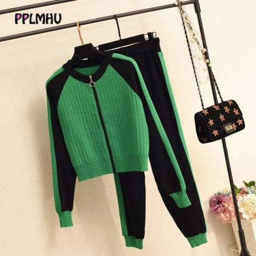 Casual two-piece sweater cardigan jacket women 2020 autumn new womens knitted suit fashion baseball sports zip top and pants set