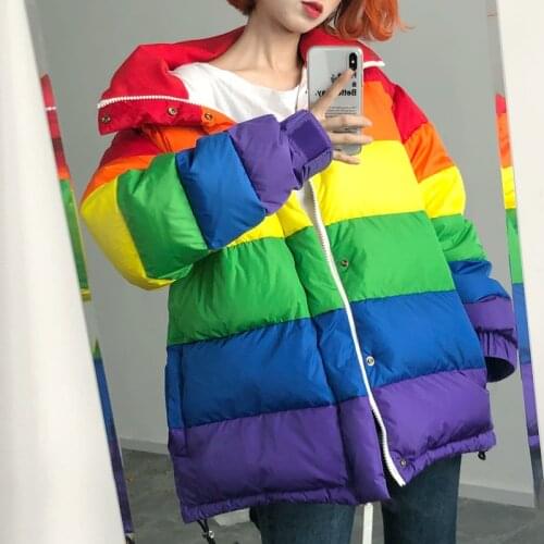 2020 women down jackets rainbow Winter thickening parka women streetwear Plus Size Loose Striped Coat Femme Chaqueta Mujer YRF78