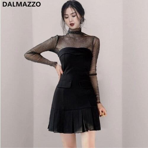 2021 Summer Lady Turtleneck Retro Black Mesh Sequins Perspective Tops + Wrapped Chest Pleated Skirt Suits 2 Pieces Set for Women