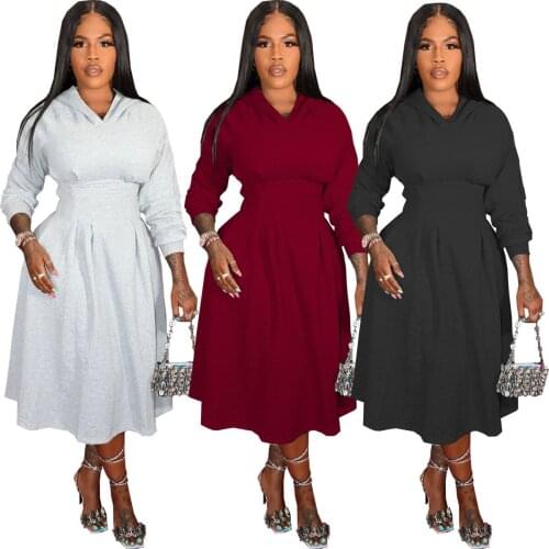 Elegant Black Grey Long Women Dress Casual Long Sleeve Hooded Top A-line High Waist Dress for Women Streetwear Robe Lounge