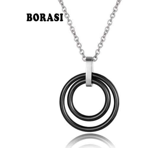 Fashion Black With White Ceramic Double Circle Pendants Necklace Stainless Steel Link Chain Choker Necklace Women Jewelry