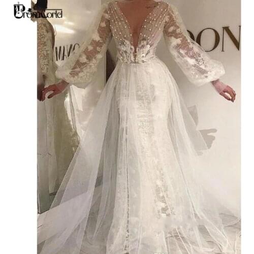 Fairy White Mermaid Prom Dresses 2020 V-Neck Pearls Long Sleeves Party Prom Gown Lace Flowers Evening Dress