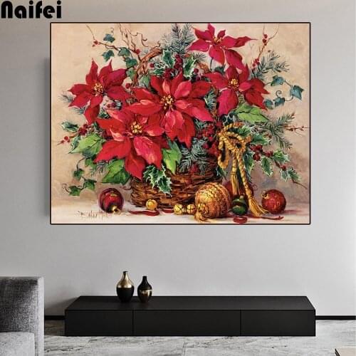 Diamond Painting 5D DIY Poinsettia Basket Full Square/Round Diamonds Embroidery Red Flower Wall Decorations Craft Kit