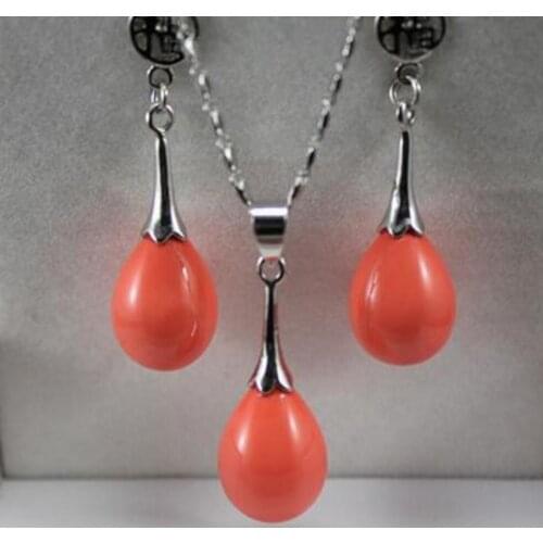 Free Shipping wholesale noble 12*16mm orange water drop shell pearl pendant & fu lucky earring jewelry set