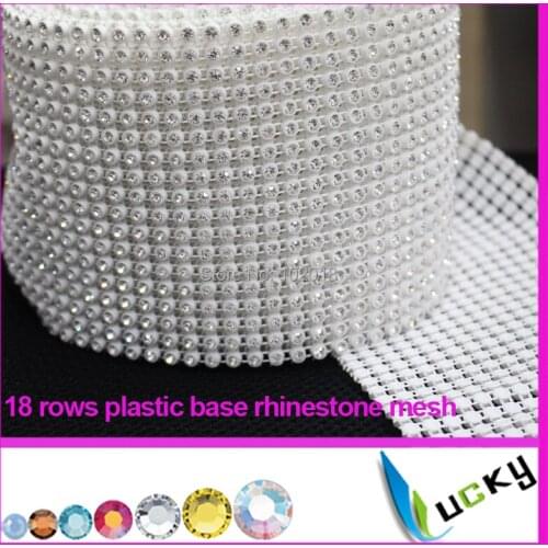 Free shipping!Factory price 10 yards plastic base 18rows rhinestone mesh with high quality clear strass crystal trimming chains