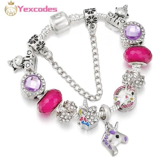 Yexcodes Silver Plated Charm Bracelet & Bangle With Rainbow Unicorn Beads Women Wedding Jewelry 4 Colors 16CM - 21CM Gifts Bts