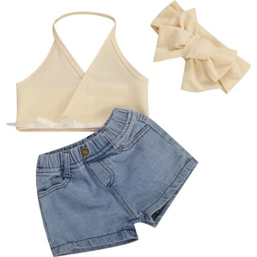 Citgeett Summer 3Pcs Toddler Kids Baby Girl Solid Color Outfits V-neck Halter Top+Denim Shorts with Pockets+Bow Headdress