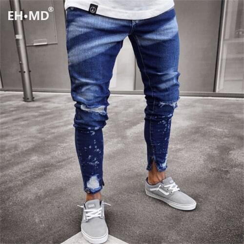 EH · MD® Mens 100% Cotton Casual Sports Jeans Mens Blue and White Dyeing Holes Scratching Skinny Trousers Zipper Opening Trend