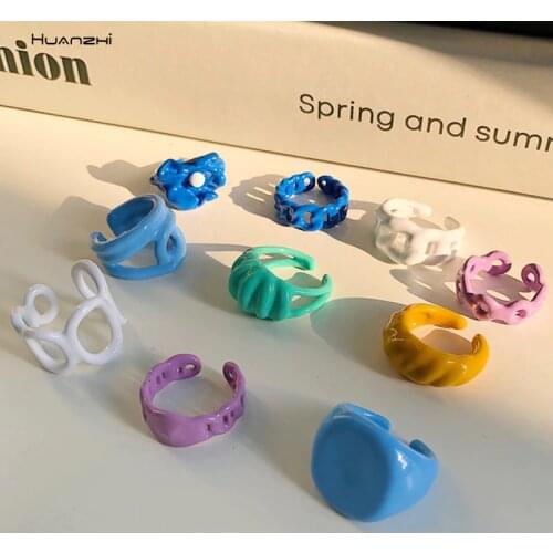 HUANZHI 2020 New Trendy Colorful Dripping oil Geometric Rings Hand-painted Irregular Open Rings for Women Party Jewelry