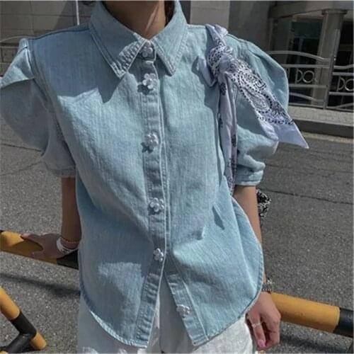 Exquisite girly chic flower cute button denim shirt top