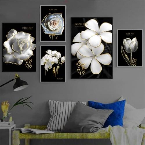 White Flower Picture Home Decor Wall Art Canvas Art Painting Nordic Golden Luxury Art Posters and Prints for Living Room Design