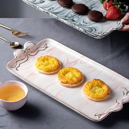 Ceramic Fruit Bowl Nordic Square Marble Pattern Bow Dessert Plate Jewelry Cosmetics Storage Tray Household Storage Supplies