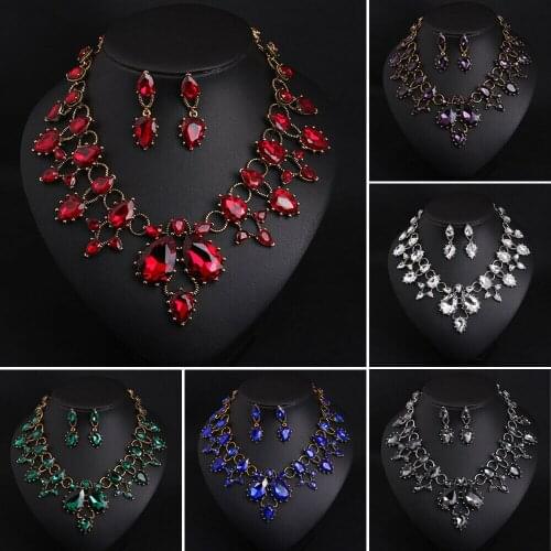 Fashion Wedding Party Accessory Set 2 PCS Crystal Rhinestone Water Drop Necklace Earring Jeweelry Women