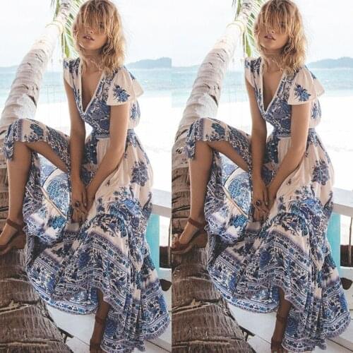 Fashion Lady Evening Party V Neck Maxi Dress Women BOHO Floral Print Vintage Beach Dress