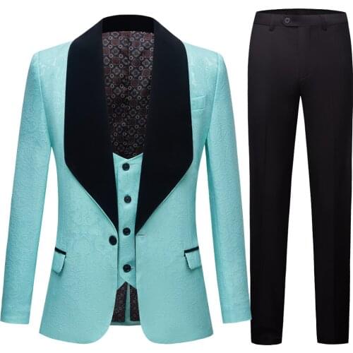 Mens Green Grey Blue Wedding Suits White Jacquard with Black Collar Tuxedo3 Pcs Groom Terno Suits for Men(Jacket+Vest+Pants)