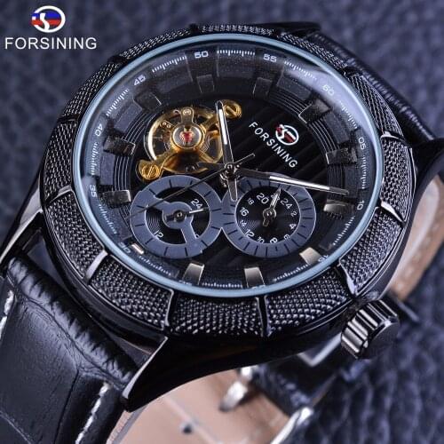 Forsining Black Steampunk Wristwatch Tourbillion Design Genuine Strap Mes Fashion Top Brand Luxury Automatic Mechanical Watches