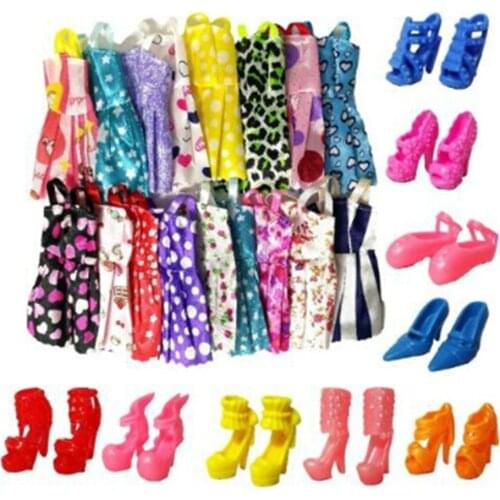 Shoes For Barbie Doll 20 PCS/set Best Gift Girl Toy 10 Clothes Fashion Mixed Style Party Dress + 10 Pair Accessories