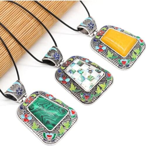 Natural Stone Pendant Necklace Exquisite Lapis Lazuli Malachite Abalone Shell Pendant Charms Long Wax Rope for Jewelry Gift