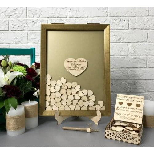 Personalized names gold frame wooden wedding engraved guestbooks Alternative wishes Drop box signature guest books photo props