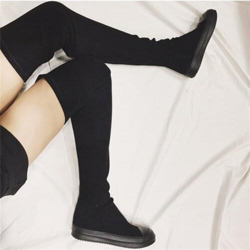 Fornihapfirafs Sexy Women Stretch Fabric Slim Thigh High Boots Black Woman Long Boots Flat Over-the-Knee High Boots Shoes Woman