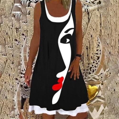 Beach Dress Summer Round Neck Sexy Sleeveless Dress New Print Loose Mini Dress Fashion Loose Plus Size Ladies Casual Dress