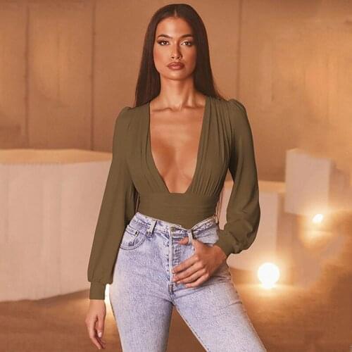 Sexy Deep V-neck Long Sleeve Bodysuit For Women Clubwear Autumn Fashion Basic Playsuit Street Casual Wear Jumpsuit Mujer