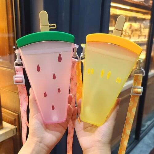 Cute Fruit Plastic Water Bottle With Straw Lovely Popular Creative Handy Cup For Milk Coffee Tea Cups