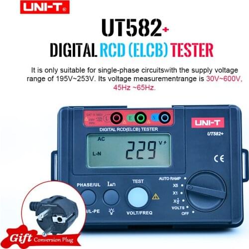 UNI-T UT582+ Digital RCD (ELCB) Tester AUTO RAMP Leakage Circuit Breaker Meter with Mis-Operation Buzzer