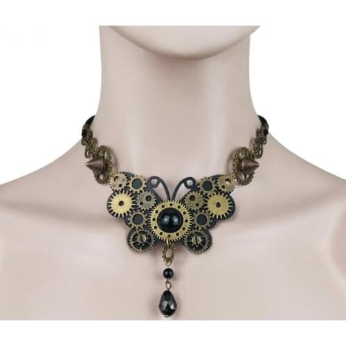 Vintage Punk Style Small Bronze Gears Covered Butterfly Steampunk Choker Necklace